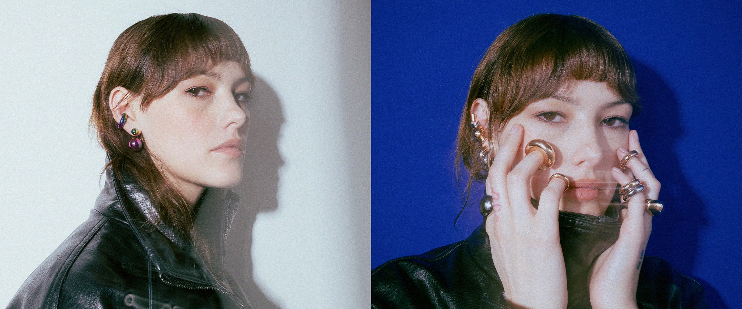 modelo con aretes y anillos en acero